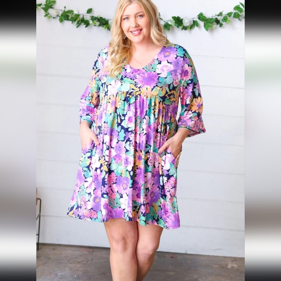 Haptics Floral V-Neck Quarter Sleeve Easter Spring Dress - Picture 2 of 9